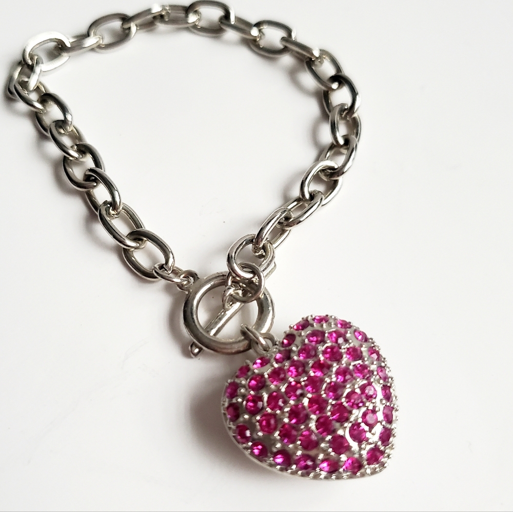 Hot Pink Rhinestones Heart Charm Bracelet Silvertone Chain Link T Toggle Clasp